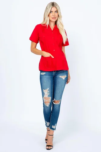 Miniatura 5 de Women's Traditional Guayabera Shirt Cotton Blend 4 Pocket Design Short Sleeve