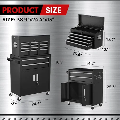 Miniatura 3 de INTERGREAT Baúl rodante para herramientas de 8 cajones, baúl para herramientas ensamblado con ruedas, caja de herramientas superior desmontable