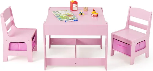 HONEY JOY Mesa y sillas para niños, juego de actividades de madera 3 en 1 con almacenamiento, mesa desmontable, para arte, manualidades, dibujo, Rosa