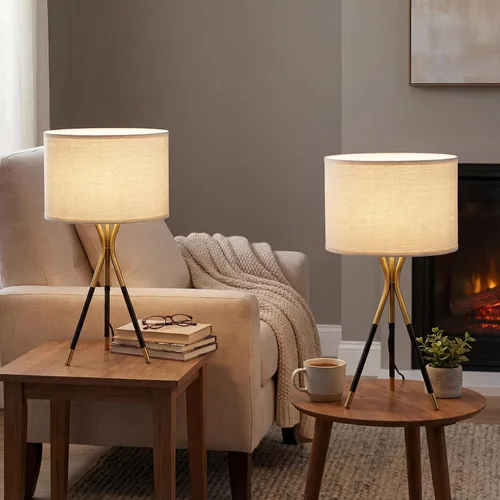 Miniatura 5 de Juego de 2 lámparas de mesa con trípode modernas de 20.8 pulgadas, lámparas de mesa de metal negro y dorado para sala de estar, dormitorio, mesita