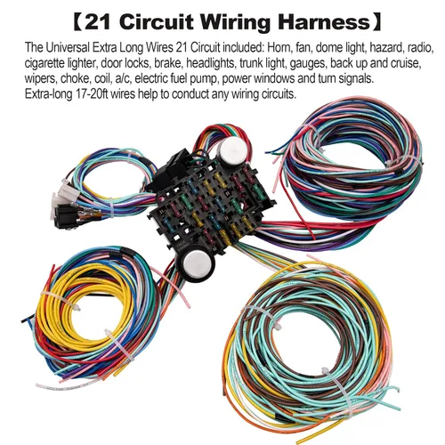 Miniatura 7 de Kit de arnés de cableado de 21 circuitos, cables universales extralargos para Ford, Chevy, Chrysler, Mopar Hotrods y Ratrods