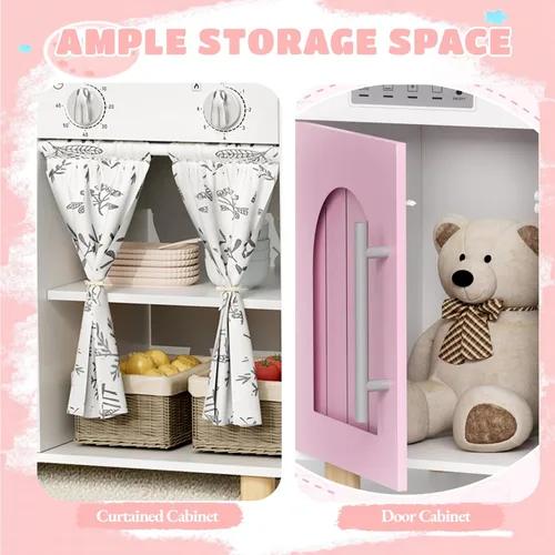 Miniatura 4 de Arlopu Set de Cocina de Juego, Juego Interactivo de Chef de Simulación para Niños con Gabinete con Cortina, Estufa con Perillas que Hacen Clic, Rosa