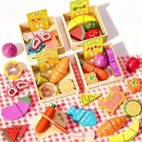 70 piezas de juguetes de madera Montessori para cocina de niños con frutas, verduras, pan, carne y cajas de madera para cortar – juguetes educativos
