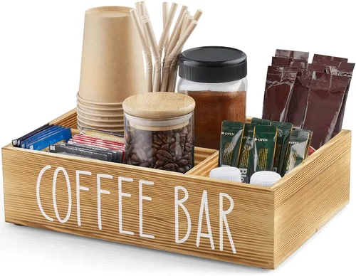 Miniatura 12 de Organizador de estación de café ALELION - Organizador de accesorios de encimera de madera con divisores removibles para cápsulas, condimentos