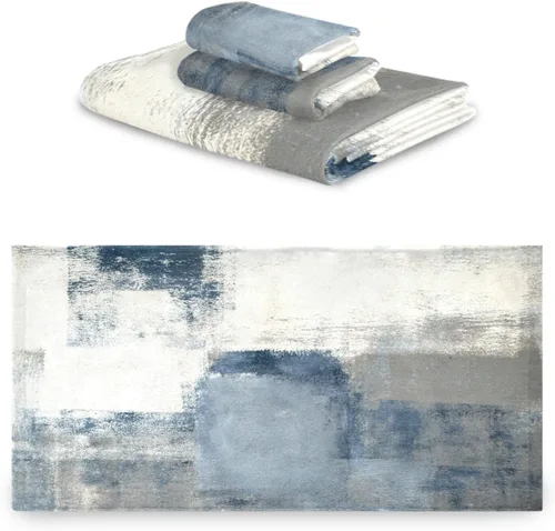 Miniatura 2 de Juego de toallas de baño vintage, juego de 3 toallas suaves de pintura abstracta retro azul gris