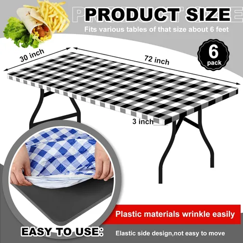 Miniatura 2 de Boao 6 manteles de plástico para mesa de pícnic, 72 x 30 pulgadas, para mesas de 6 pies, desechables, impermeables, a cuadros, en blanco y negro