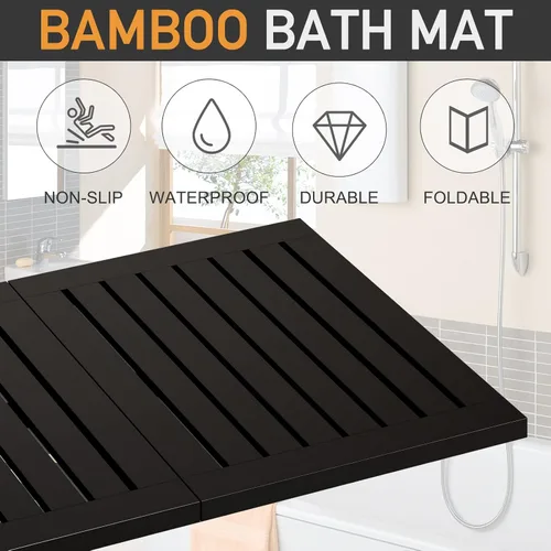 Miniatura 5 de Tapete de baño de bambú negro impermeable para ducha, plegable, antideslizante, resistente, tapete de baño de madera, tapete de piso y felpudo