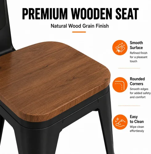 Miniatura 7 de Sillas de comedor de metal de 18 pulgadas, juego de 4 sillas de granja Arlunar, sillas de comedor negras apilables con respaldo y asiento de madera