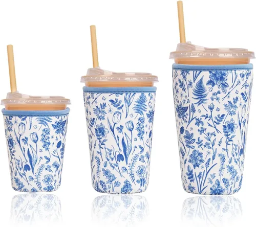 Miniatura 37 de Funda aislante reutilizable para taza de café helado, paquete de 3 fundas de neopreno para bebidas frías y calientes, soporte para bebidas para café