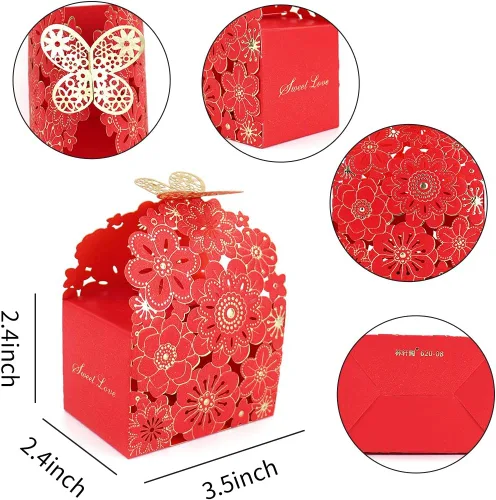 Miniatura 5 de Kslong 50 cajas de dulces huecas con diseño de flores y mariposas, cajas de regalo para galletas, regalos románticos de boda, bonita caja de Rojo