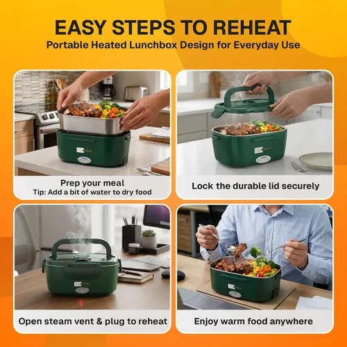 Miniatura 4 de FORABEST Lonchera térmica – Fiambrera eléctrica de 80 W – Calentador de alimentos portátil con 2 recipientes de acero inoxidable de 1.5 L, bolsa