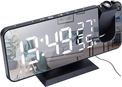 Miniatura 11 de ThreeH Reloj despertador de proyección con cargador USB Proyector giratorio de 180° Reloj despertador con radio FM Pantalla de espejo de 7.4