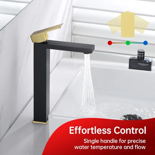 Miniatura 6 de sumerain Grifo de lavabo de recipiente, grifo de baño alto de acero inoxidable 304 con una sola manija, un solo agujero, negro y dorado, sin plomo