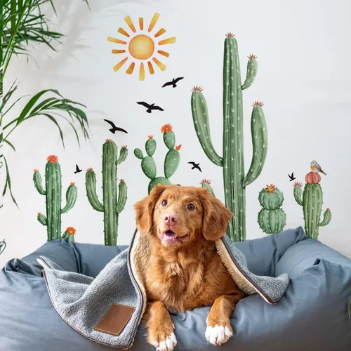 Miniatura 7 de Calcomanías de Pared de Cactus Boho Calcomanías de Pared de Sol Boho Plantas Tropicales de Cactus Verdes con Pájaros Calcomanías de Pared para Sala