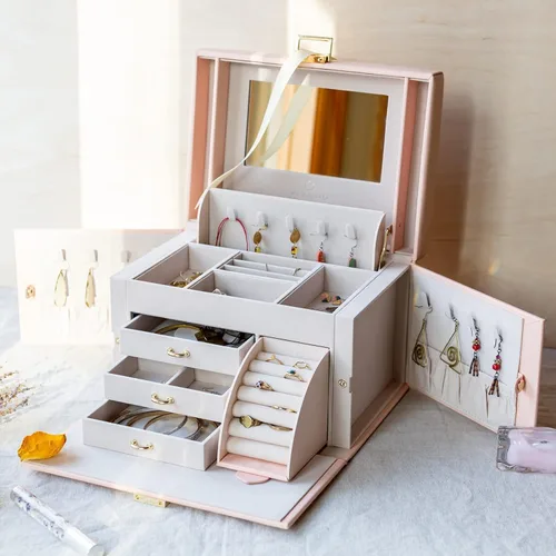 Miniatura 3 de Vlando Joyero de piel sintética, organizador mediano de joyería, regalo vintage para mujer, patrón de cruz rosa