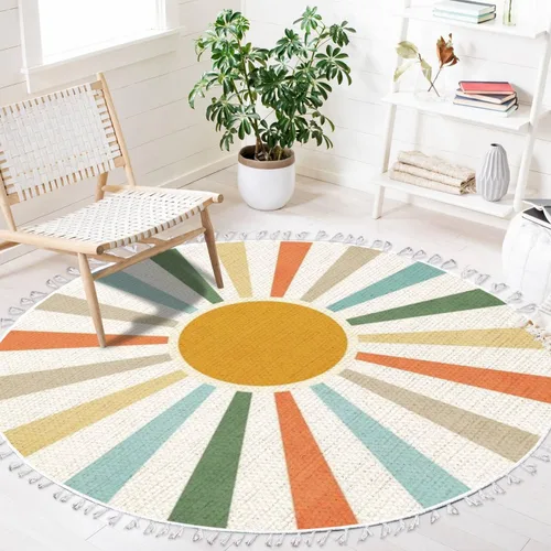 Miniatura 10 de Alfombra redonda bohemia para niños, dibujada a mano sin costuras con arco iris rosa pastel, alfombra de verano para bebé, alfombra de lino