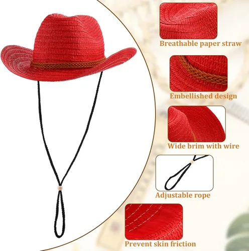 Miniatura 3 de Suhine 15 sombreros de vaquero de paja para hombres y mujeres, coloridos sombreros de fiesta occidental a granel, protección solar a granel, vaquera
