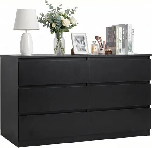 Spaco Cómoda negra para dormitorio, cómoda moderna de 6 cajones con cajón profundo, amplia cómoda de almacenamiento, muebles organizadores de