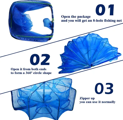 Miniatura 6 de Trampa de cebo de pesca portátil, red de pesca plegada, jaula de red plegable con cremallera, jaula de red de pesca octogonal para pececillos