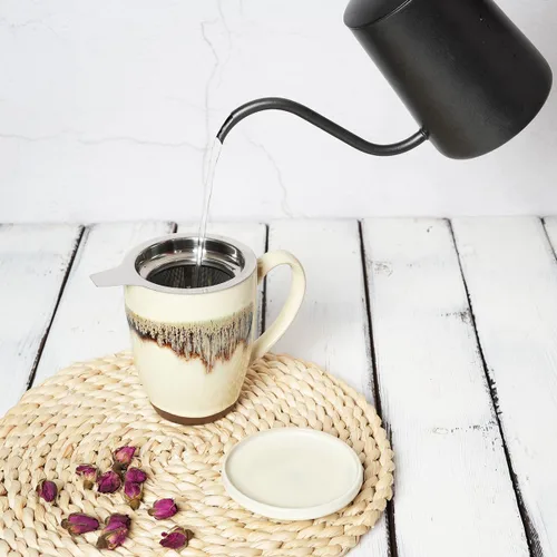 Miniatura 5 de Bosmarlin Taza de té de cerámica con infusor y tapa, 13.5 onzas, taza de té de hojas sueltas con colador, apta para microondas y lavavajillas