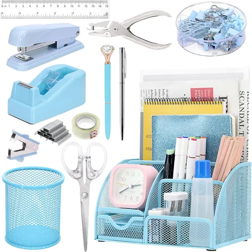 Miniatura 13 de SYMDROMIA Juego de organizador de escritorio de oficina 13 en 1 con engrapadora y dispensador de cinta, soporte para bolígrafos, tijeras, regla