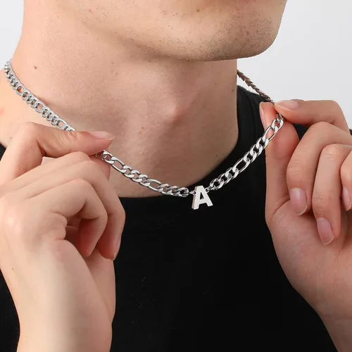 Miniatura 3 de GLITTO Collar de cadena Figaro con inicial A-Z para hombres, niños y mujeres, colgante de letra, acero inoxidable, 0.256in, 18+2 pulgadas, regalo