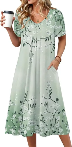 Miniatura 19 de Zeagoo Vestido de verano para mujer, casual, floral, midi, con bolsillos, cuello en V, plisado, manga corta, estilo alineado, para vacaciones