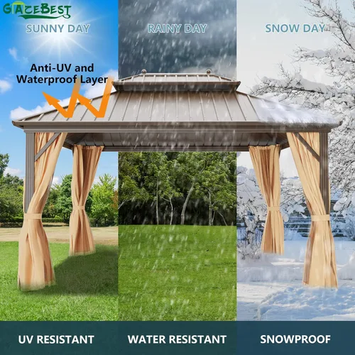 Miniatura 5 de Glorieta de Techo Duro de 10'x10' para Exteriores, Glorieta de Patio de Aluminio con Doble Techo, Toldo de Acero Galvanizado con Malla y Cortinas