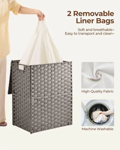 Miniatura 3 de Greenstell Cesta para la ropa sucia con 2 bolsas de forro extraíbles – Cesta de ropa dividida de 90 L, cesta de lavandería plegable de ratán Gris