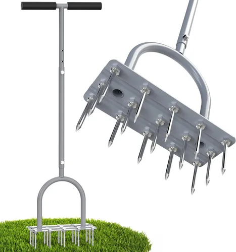 Miniatura 9 de Aireador de césped para césped, aireador de césped manual resistente con 15 picos de hierro, altura ajustable, herramienta aireadora de patio