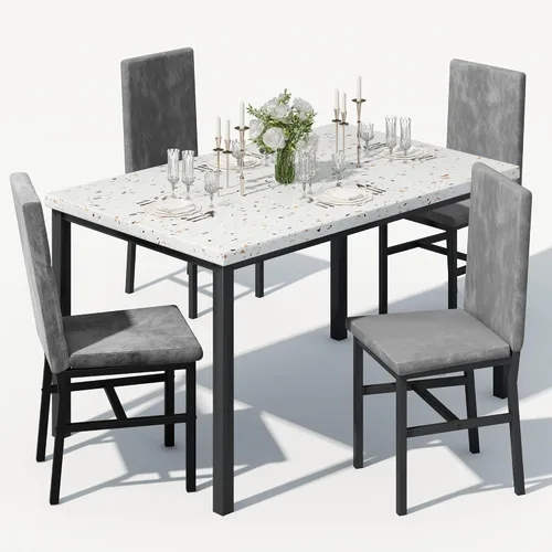 Miniatura 9 de Juego de mesa de comedor para 4, juego de comedor de mármol sintético de 5 piezas, 4 sillas tapizadas de poliuretano, muebles de mesa de cocina Negro