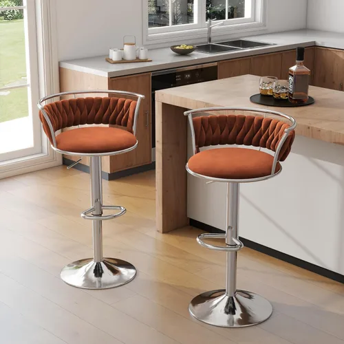 Miniatura 19 de Juego de 2 taburetes de bar giratorios de 360°, silla de bar de terciopelo ajustable a altura de mostrador moderna, taburete de metal plateado
