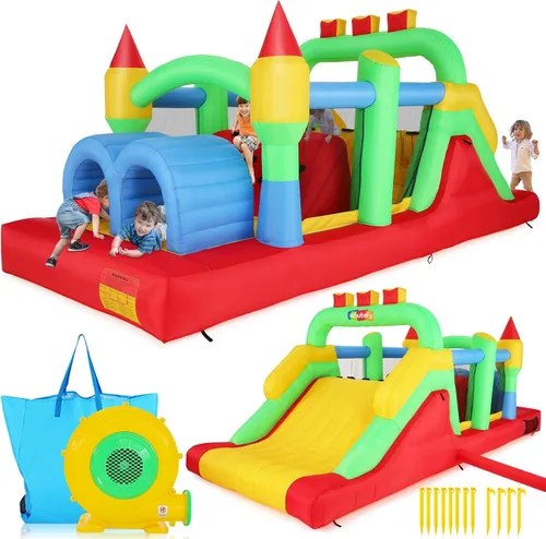Whubefy Carrera de obstáculos inflable gigante de 18 x 8.2 pies para niños grandes de 3 a 6 8 a 12 años con tobogán extragrande, túneles de arrastre