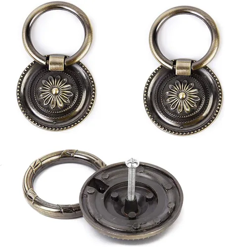 Miniatura 6 de Tiradores de cajones antiguos de bronce de 1.77 pulgadas para gabinete, 6 paquetes Anillos de tracción, manijas redondas para cajones, perilla