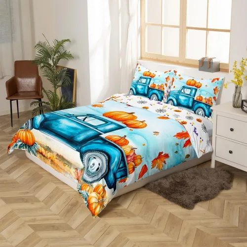 Miniatura 4 de Erosebridal Funda de edredón de calabaza con dibujos animados para automóvil, juego de ropa de cama de calabaza azul para niños pequeños, funda