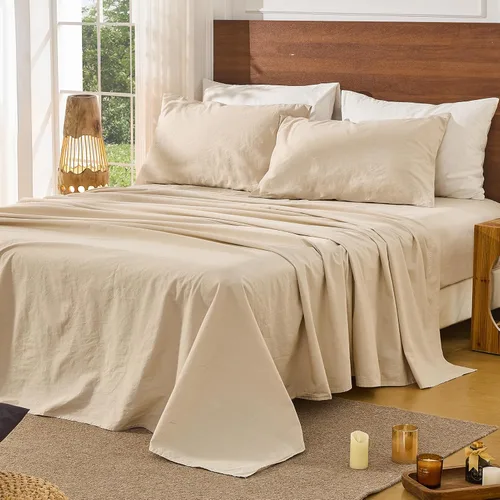 Bedlifes Juego de sábanas de 100 % lino puro francés, transpirable y refrescante, suave, duraderas y absorben la humedad, bolsillo profundo de 16