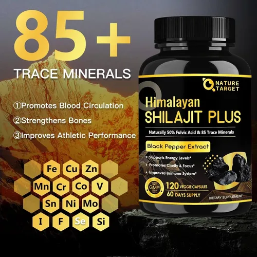 Miniatura 6 de NATURE TARGET Cápsulas de Shilajit del Himalaya – 500 mg de Shilajit puro con 50% de ácido fúlvico y pimienta negra – Energía, enfoque y vitalidad