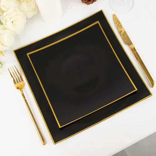 Tableclothsfactory Paquete de 10 platos llanos cuadrados cóncavos de plástico duro de 8 pulgadas negro/dorado, platos desechables para fiestas