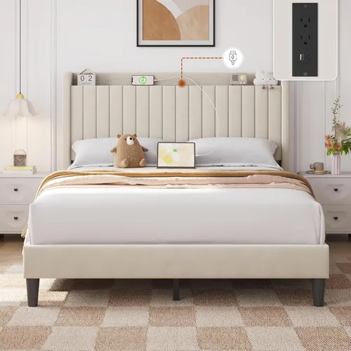 Miniatura 3 de Yaheetech Base de cama tamaño Queen con estación de carga USB y estante de almacenamiento/plataforma de cabecera tapizada con lado de ala/soporte