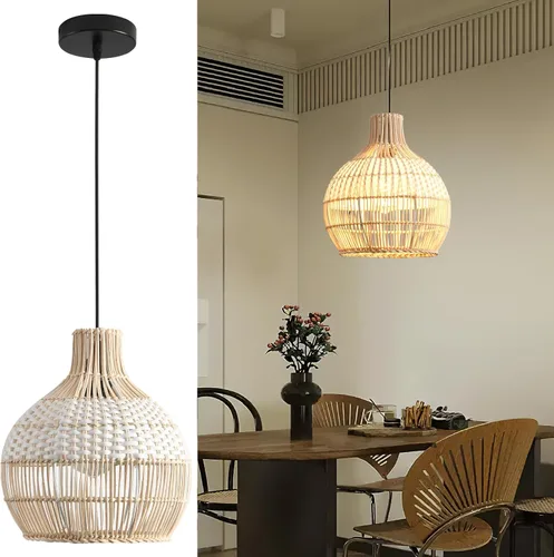 Paquete de 1 Lámpara Colgante de Ratán Falso, Mini Candelabro de Ratán Blanco Tejido a Mano de 10.24", Lámpara Colgante de Mimbre Boho para Comedor,