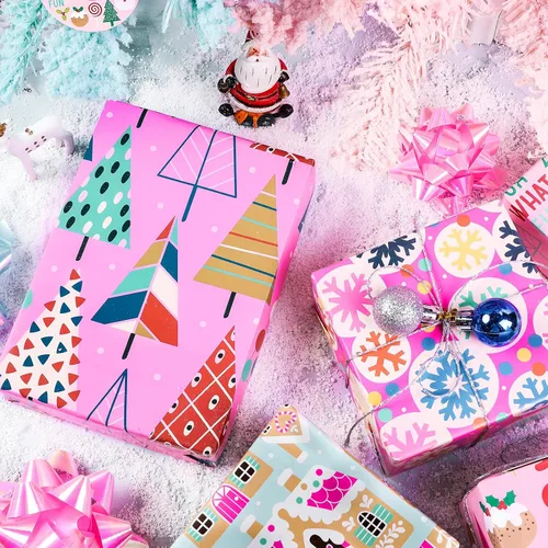 Miniatura 7 de WRAPAHOLIC Hoja de papel de regalo de Navidad, 12 hojas de diseño de árbol de Navidad rosa y casa, plegada plana con 12 etiquetas de regalo