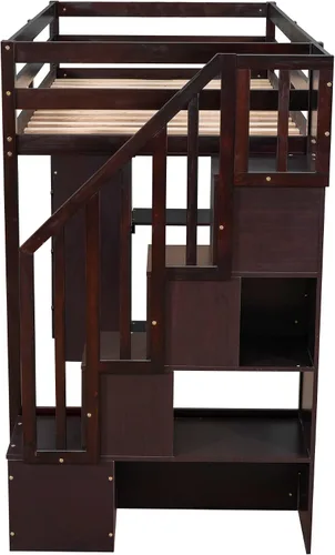 Miniatura 8 de Quarte Cama tipo loft única con cajones de almacenamiento y escaleras, cama alta de madera tamaño individual con estantes y barandillas, para niños