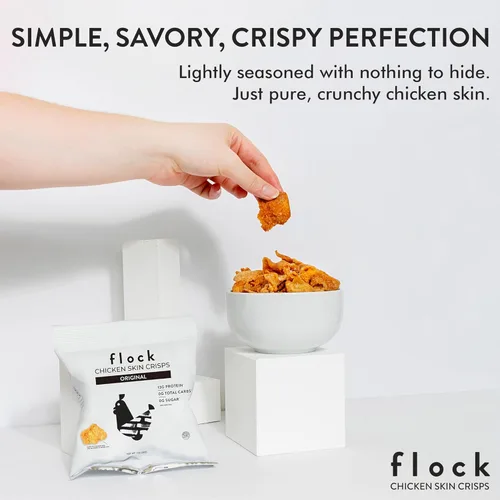 Miniatura 3 de Flock Chips de piel de pollo Keto – Sabor original, bajo en carbohidratos, alto en proteínas, chips crujientes de pollo sin gluten, aperitivo Keto