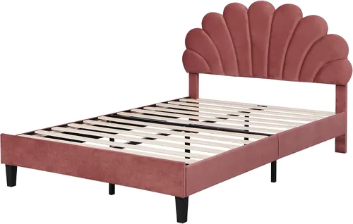 Miniatura 6 de DEINPPA Base de cama tapizada tamaño matrimonial con cabecera ajustable de flores elegantes, cama de plataforma de terciopelo con soporte