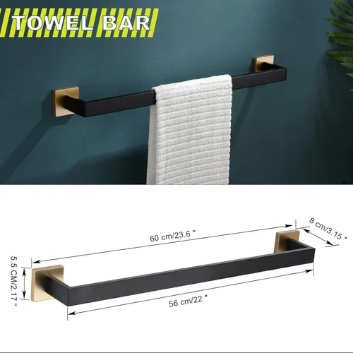 Miniatura 5 de Juego de 4 soportes para toallas de baño, juego de accesorios de baño de acero inoxidable negro y dorado, montaje en pared, 23.6 pulgadas