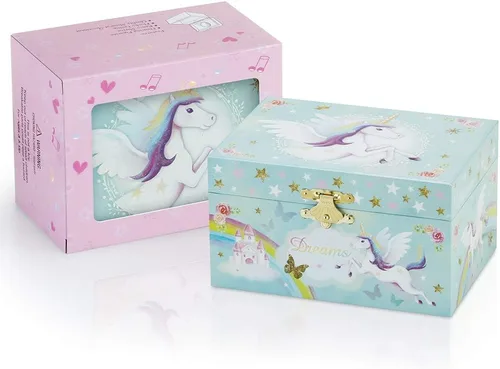 Miniatura 6 de RR ROUND RICH DESIGN Caja de almacenamiento de joyas musicales con purpurina y juego de joyas para niñas pequeñas con unicornio giratorio y arco