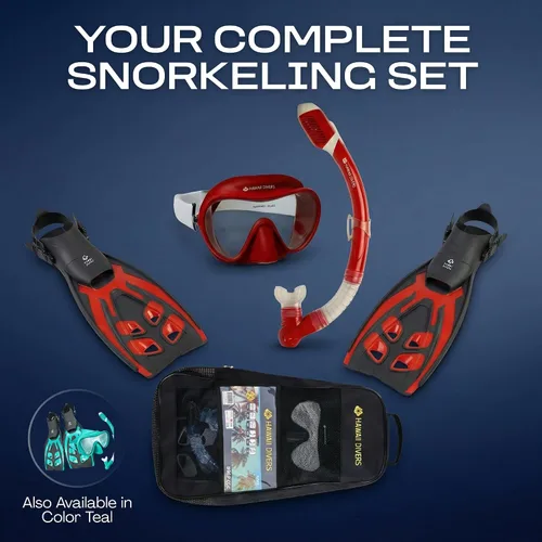 Miniatura 9 de Hawaii Divers Deep Sea Adult - Snorkeling Set, Tempered Glass Snorkel Mask, Dry-Top Snorkel Gear, Adjustable Fins Rojo