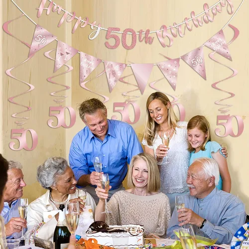 Miniatura 4 de Decoración de cumpleaños número 50 en oro rosa para niñas, pancarta de feliz cumpleaños 50, remolinos de banderines, pancarta de bandera triangular