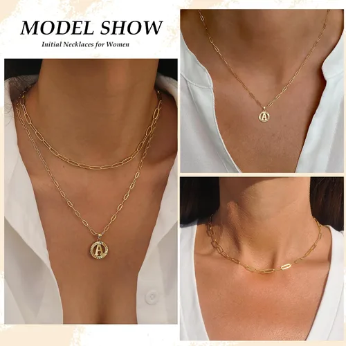 Miniatura 2 de TOBENY Collares con inicial de oro para mujeres y niñas, chapado en oro de 14 quilates, delicado collar de cadena de clip en capas, colgante