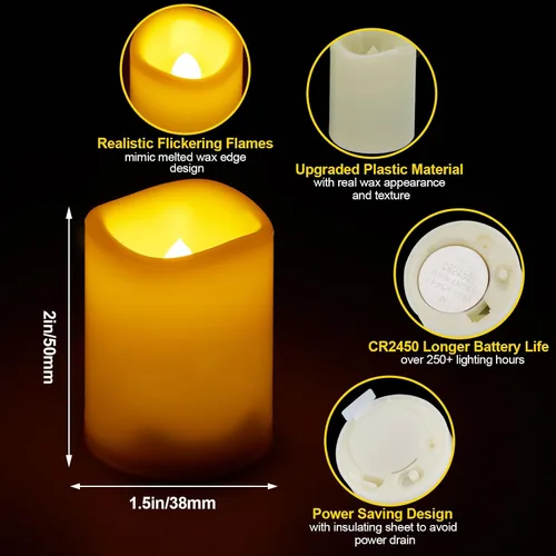 Miniatura 2 de IMAGE Velas de té sin llama con temporizador y control remoto, paquete de 12 velas votivas sin llama para decoración del hogar, bodas y eventos.